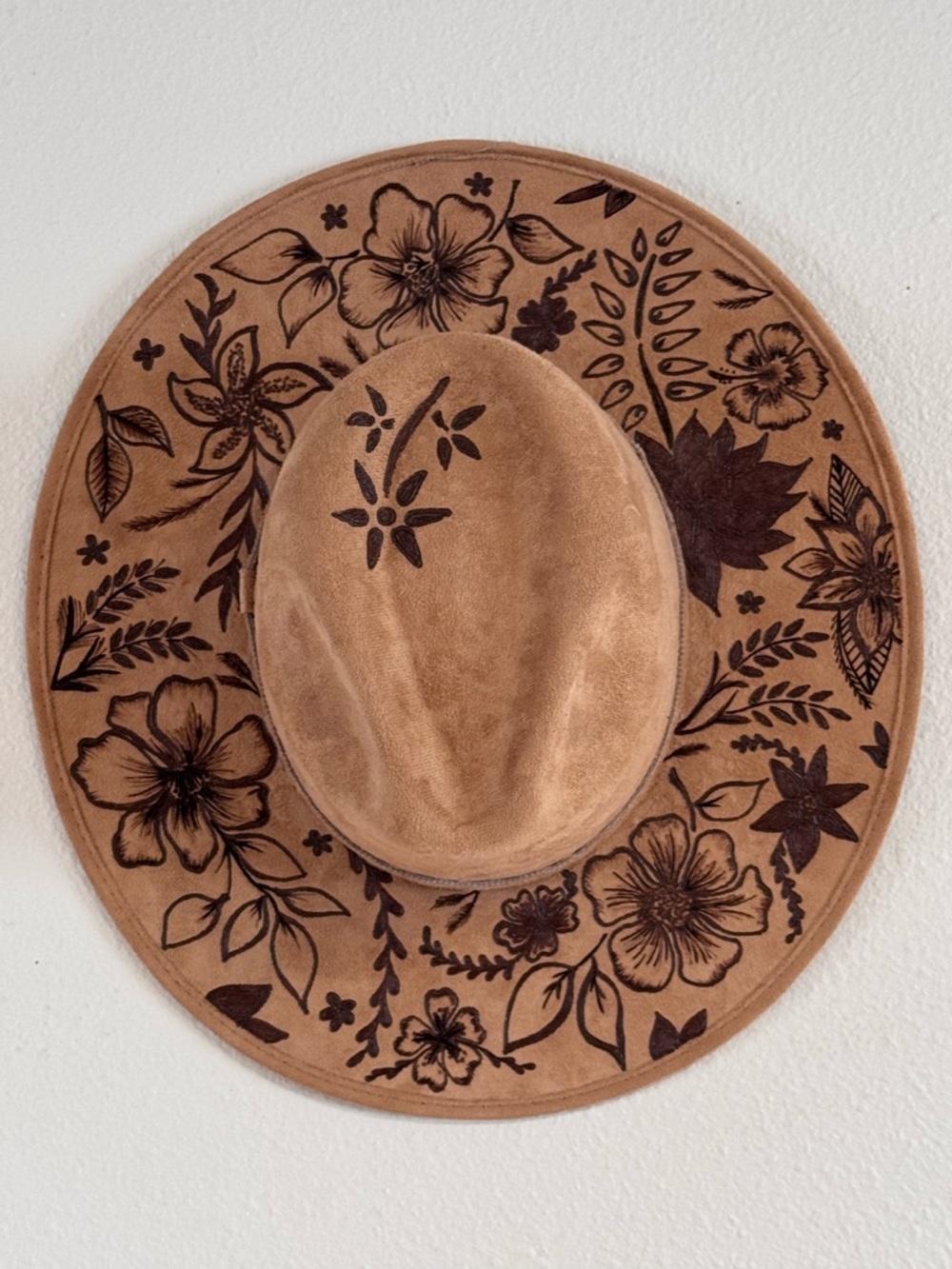 Western Boho Wide Brim Felt Hat Hand-Burned Floral Design Unique Size Small